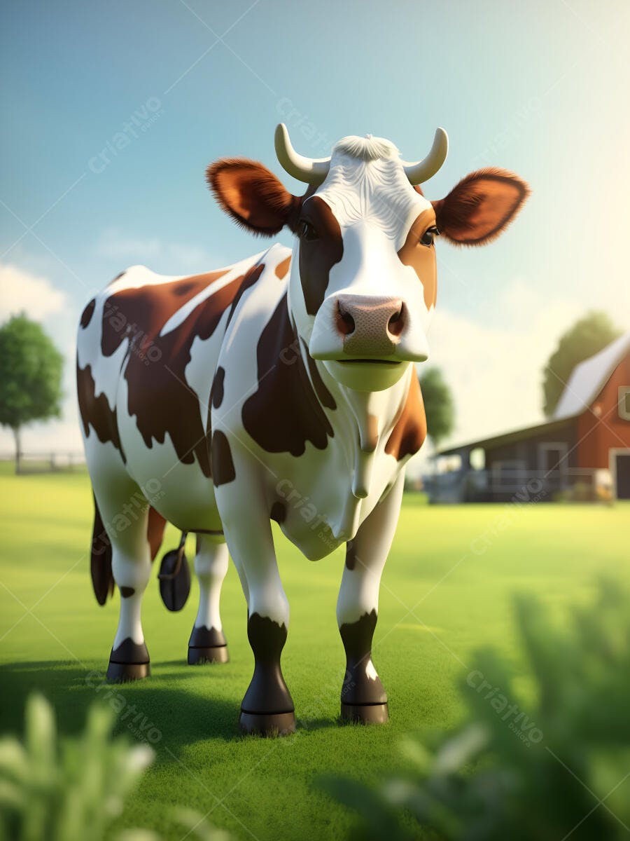 Vaca holandesa marrom e branca em pasto verde ensolarado de fazenda