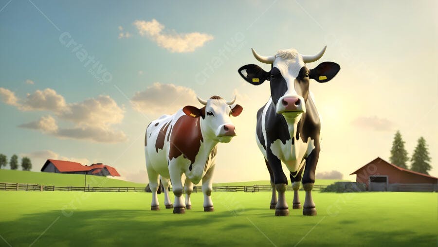 Duas vacas holandesas preta branca e marrom em pasto verde sob sol