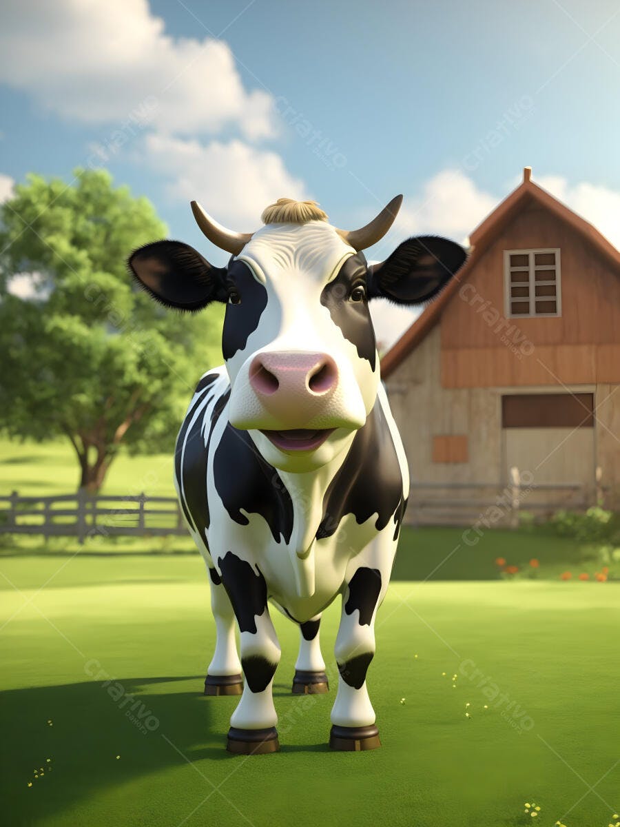 Vaca holandesa preta e branca sorrindo no campo verde da fazenda