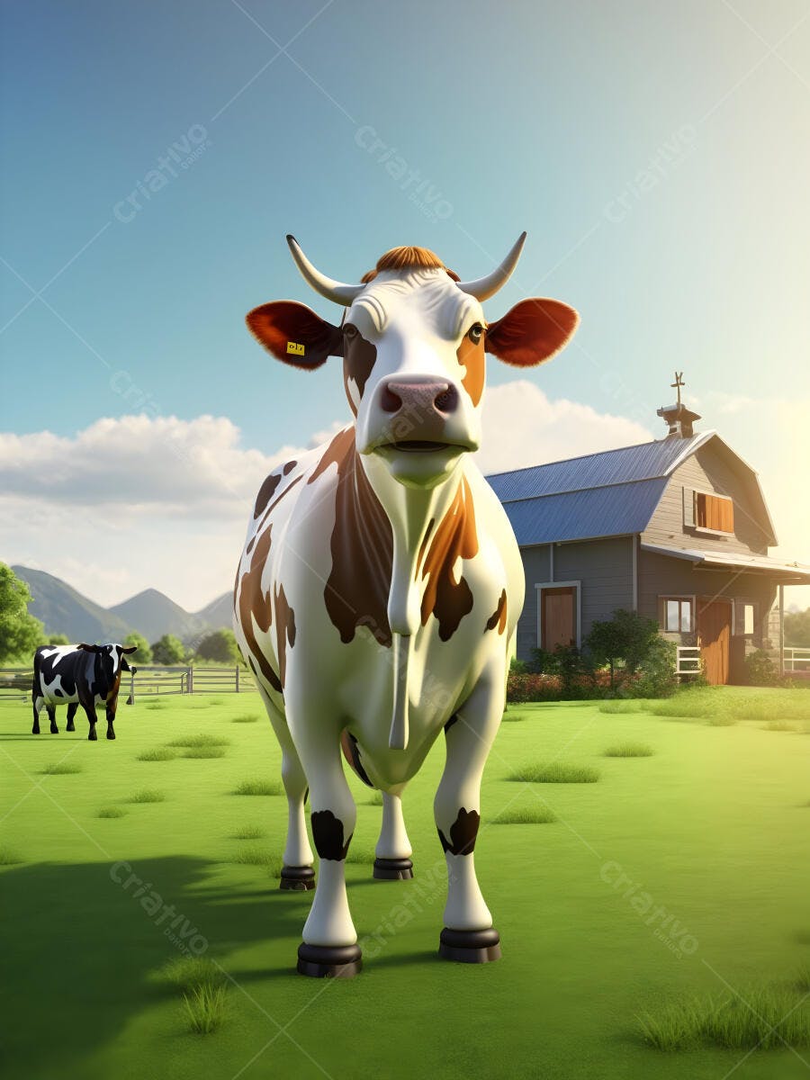 Vaca marrom e branca em pasto verde com celeiro ao fundo
