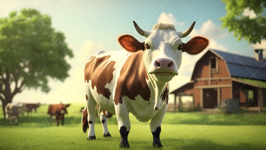 Vaca malhada branca e marrom em pasto verde com celeiro e árvores sob céu azul