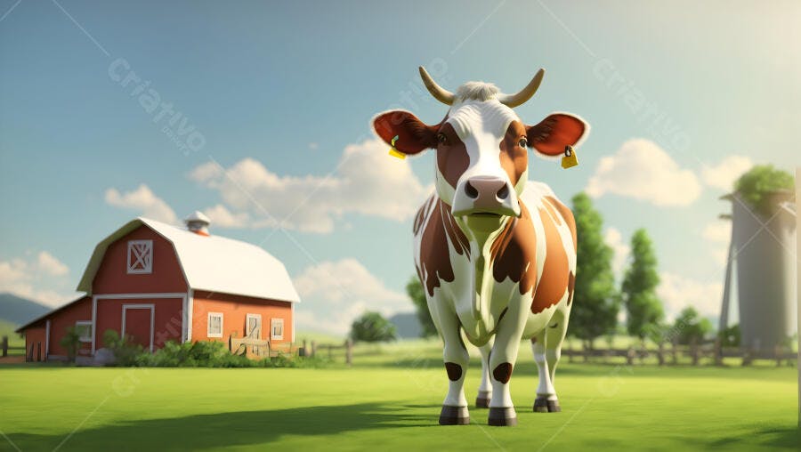 Vaca marrom e branca com brinco amarelo em campo verde na fazenda com celeiro