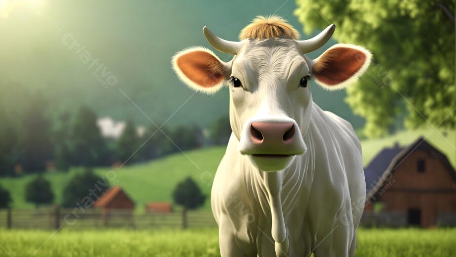 Vaca branca de desenho animado em campo verde com celeiro ao fundo