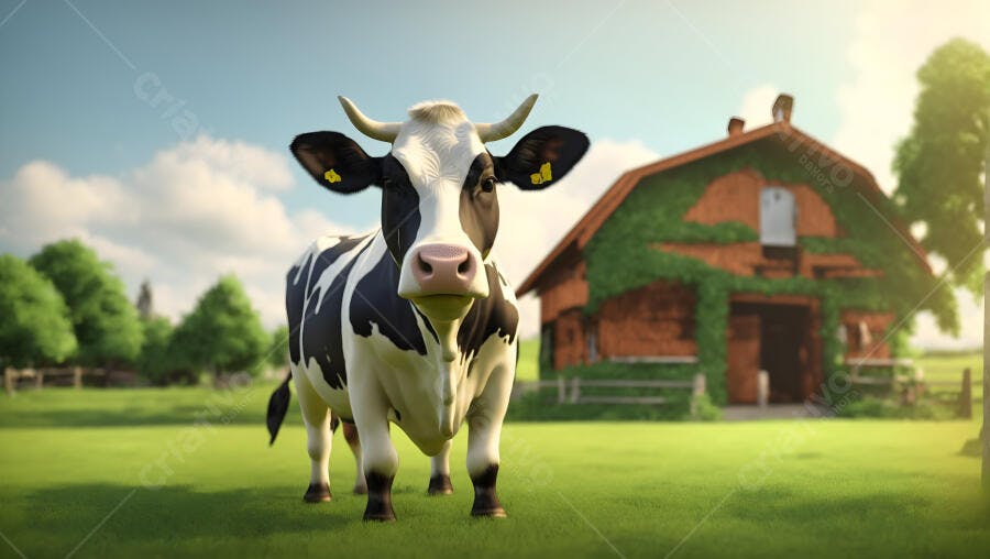 Vaca preta e branca olhando para frente em campo verde com celeiro de fazenda
