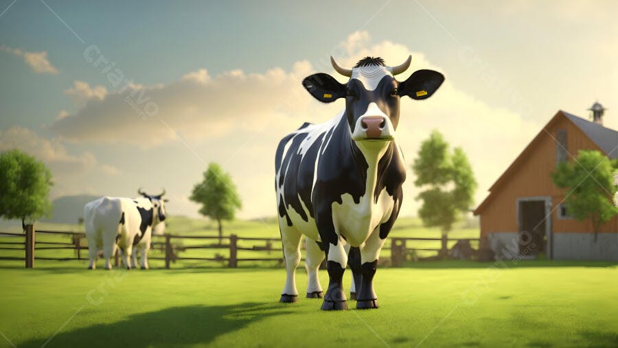 Vaca preta e branca holandesa no campo verde da fazenda sob céu azul