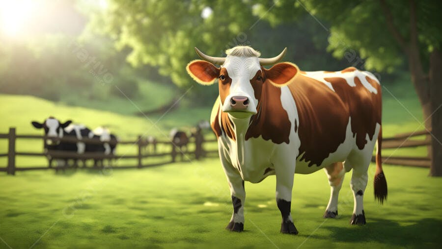 Vaca marrom e branca em pasto verde ensolarado