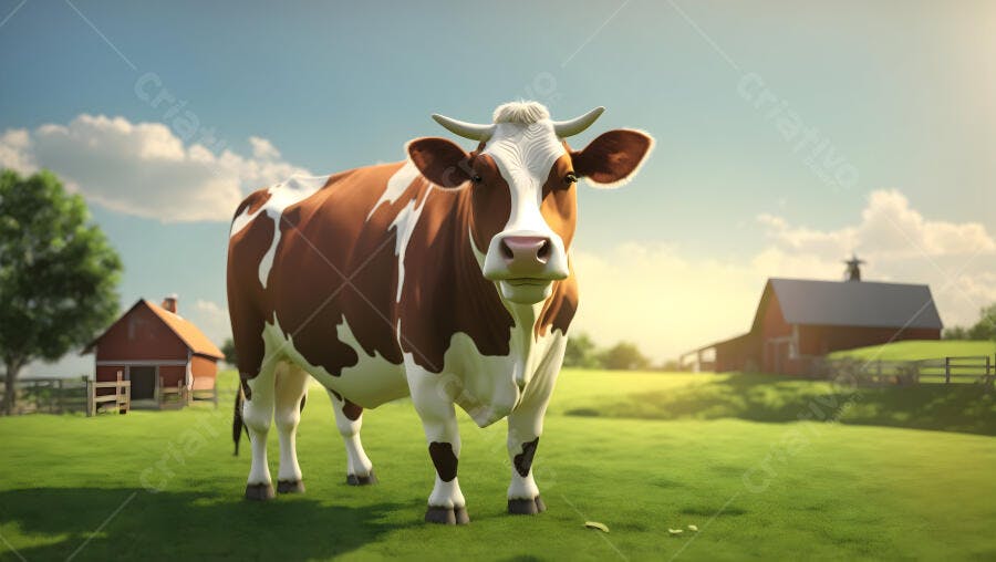 Vaca marrom e branca em pasto verde com celeiros vermelhos sob sol dourado