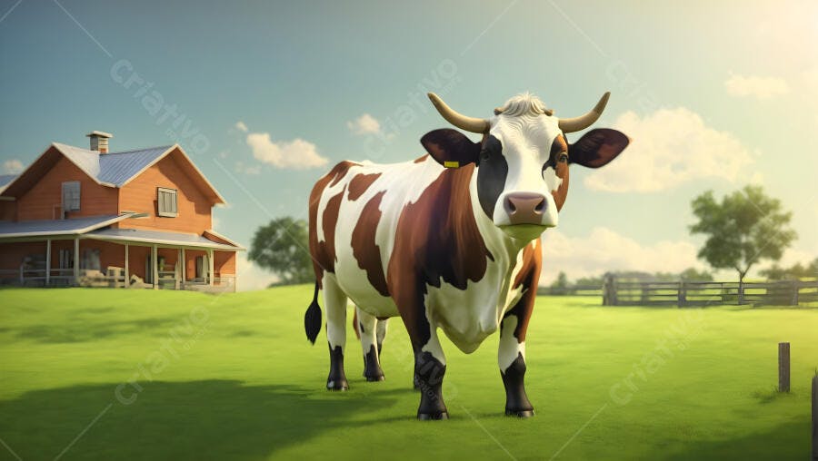 Vaca malhada marrom e branca em pasto verde com casa de fazenda