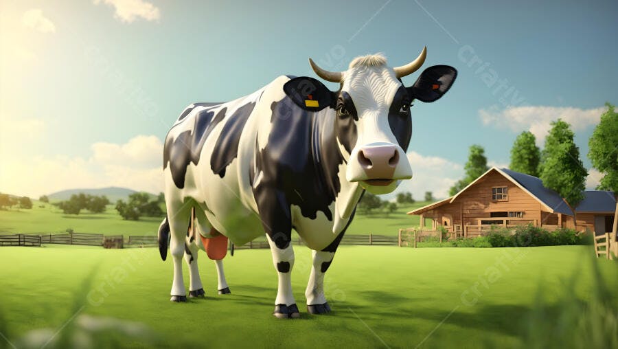 Vaca Holstein em pasto verde ensolarado com celeiro rústico ao fundo