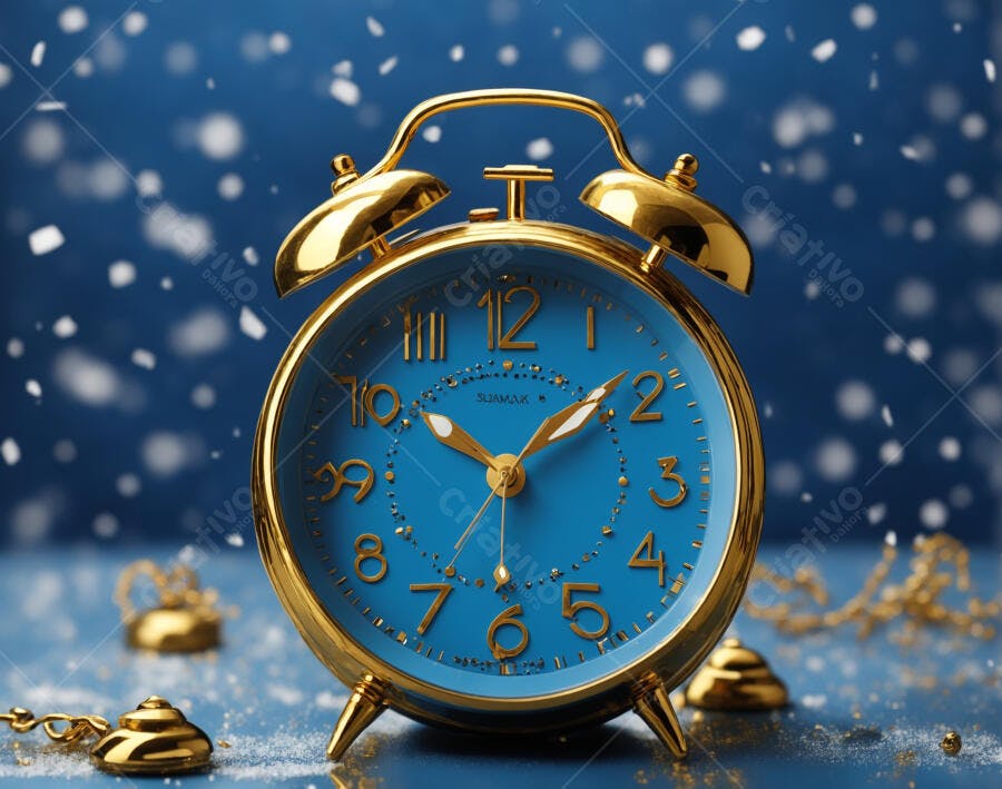 Despertador dourado e azul em fundo festivo com neve e brilho de Ano Novo