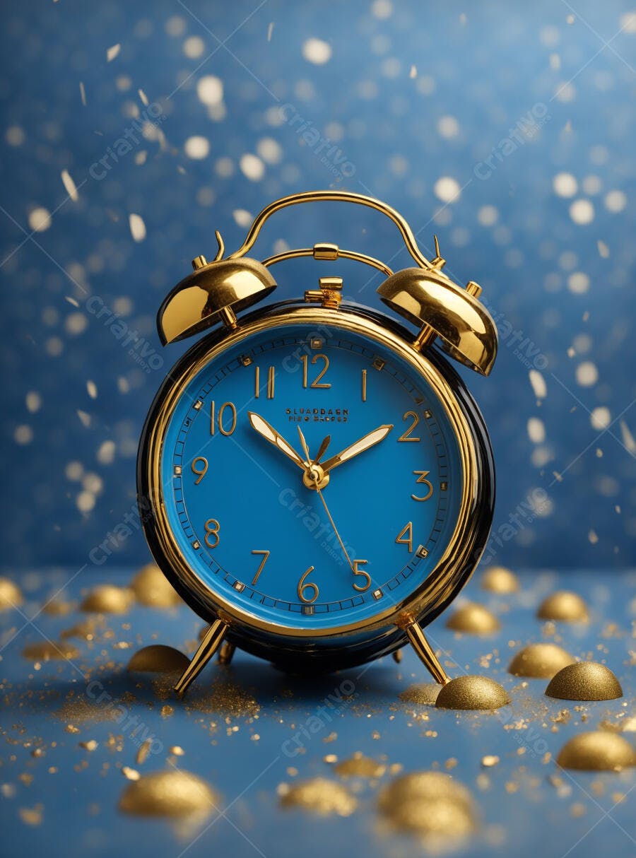 Despertador vintage azul e dourado com glitter em fundo festivo azul