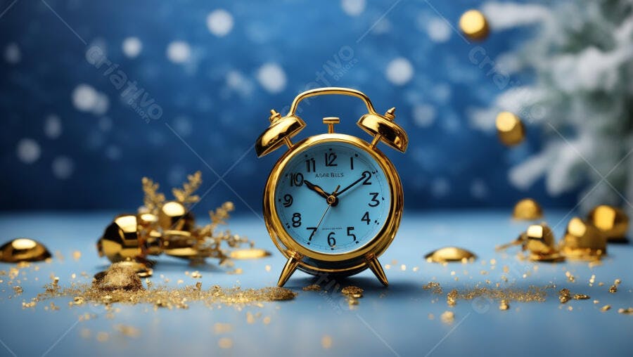 Relógio despertador dourado em mesa azul com glitter e decorações festivas de ano novo