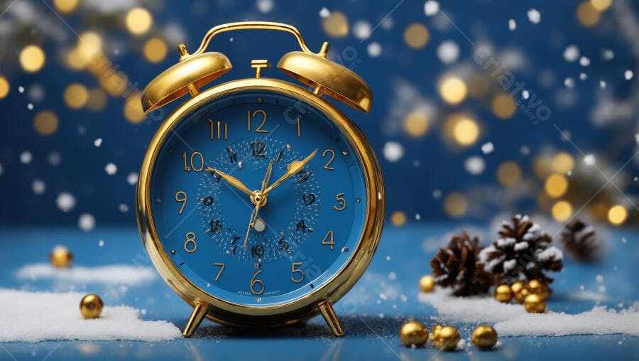 Relógio despertador azul dourado e pinhas em cenário de neve festivo