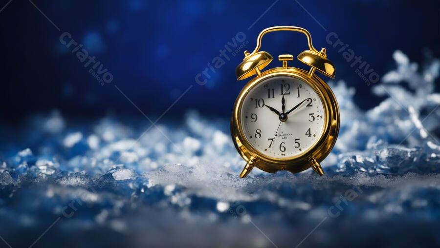 Despertador dourado em superfície de gelo com fundo azul escuro Ano Novo