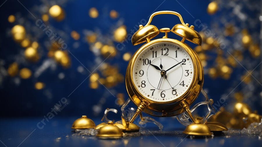 Relógio despertador dourado em fundo azul com brilhos festivos Ano Novo