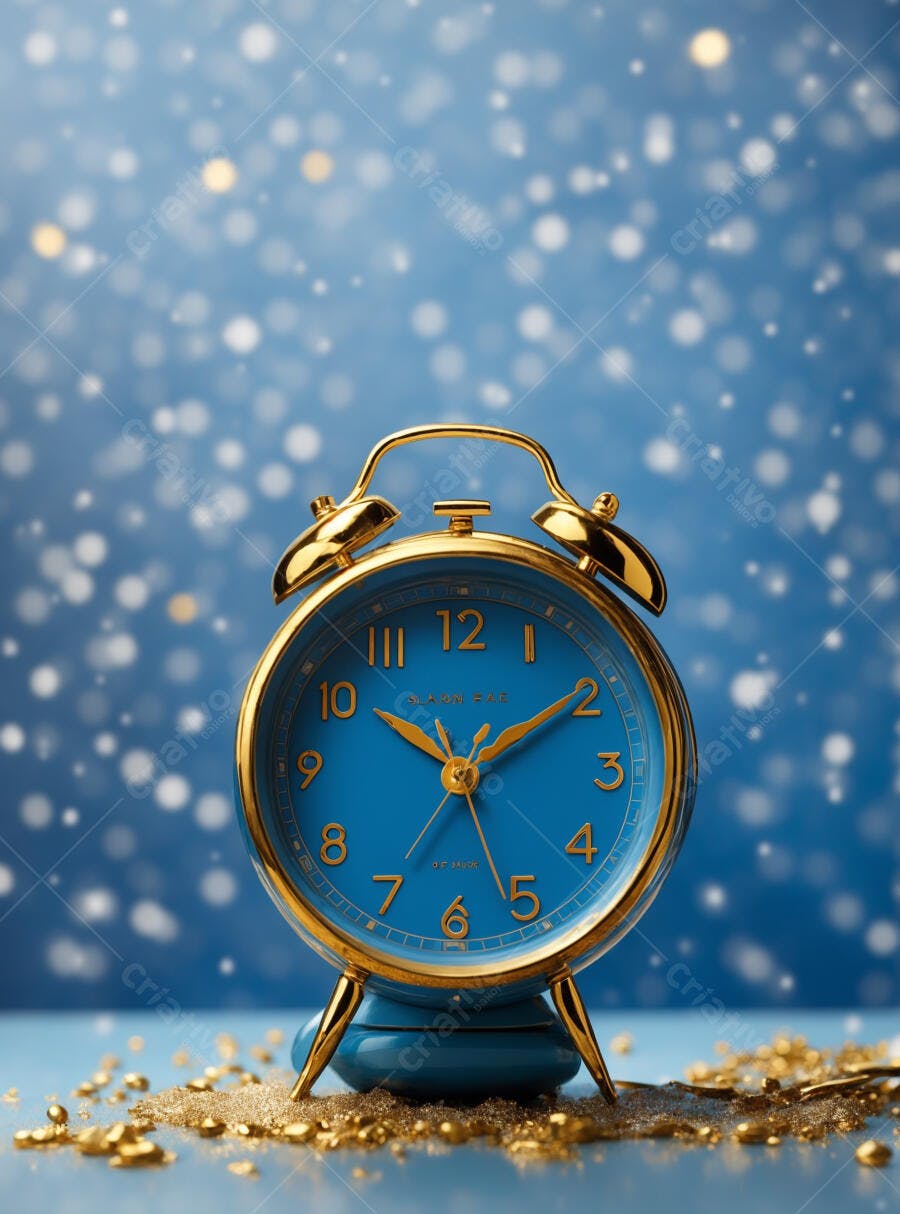 Relógio despertador dourado e azul em fundo festivo com glitter