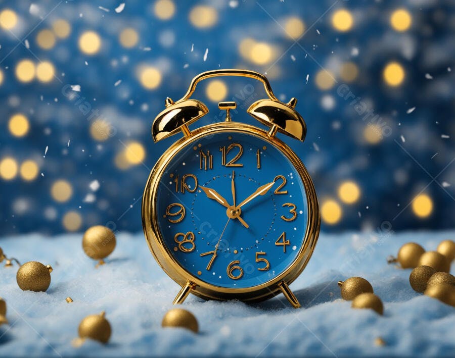 Relógio despertador dourado com mostrador azul na neve contagem Ano Novo