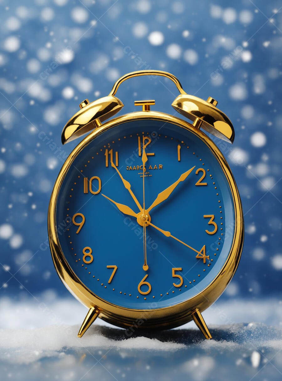 Relógio despertador dourado e azul em cenário nevado festivo