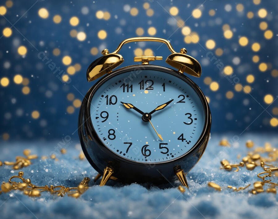 Relógio despertador vintage azul e dourado Ano Novo neve luzes