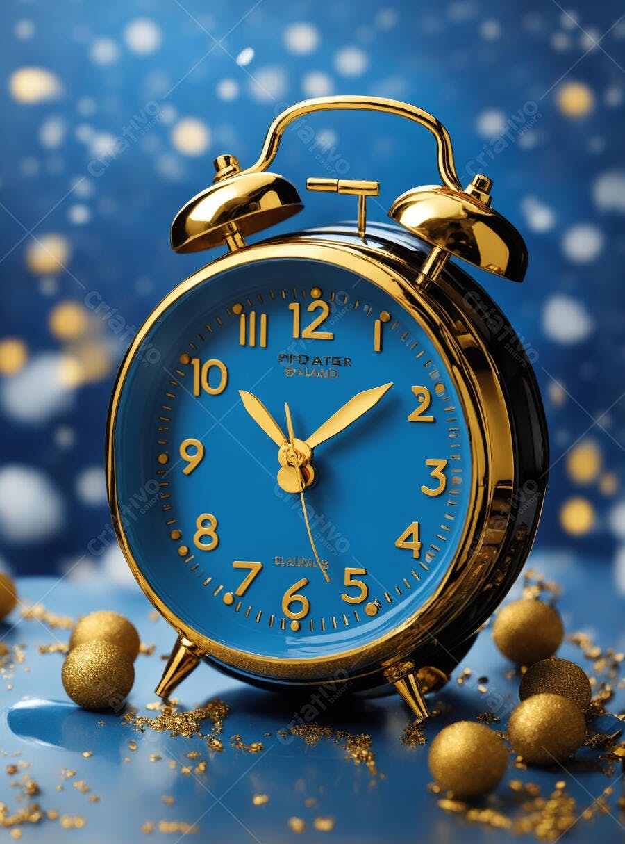 Despertador azul e dourado com confetes brilhantes para celebração de tempo novo