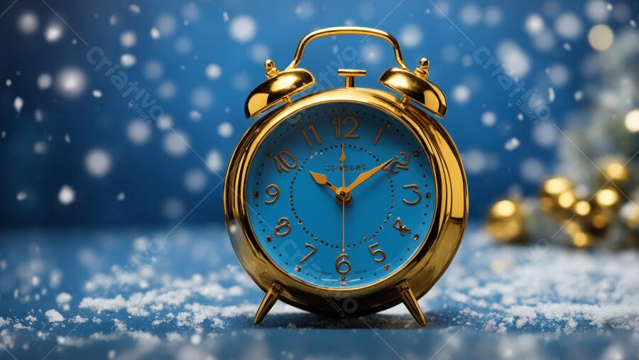Despertador dourado e azul em cenário nevado festivo de inverno