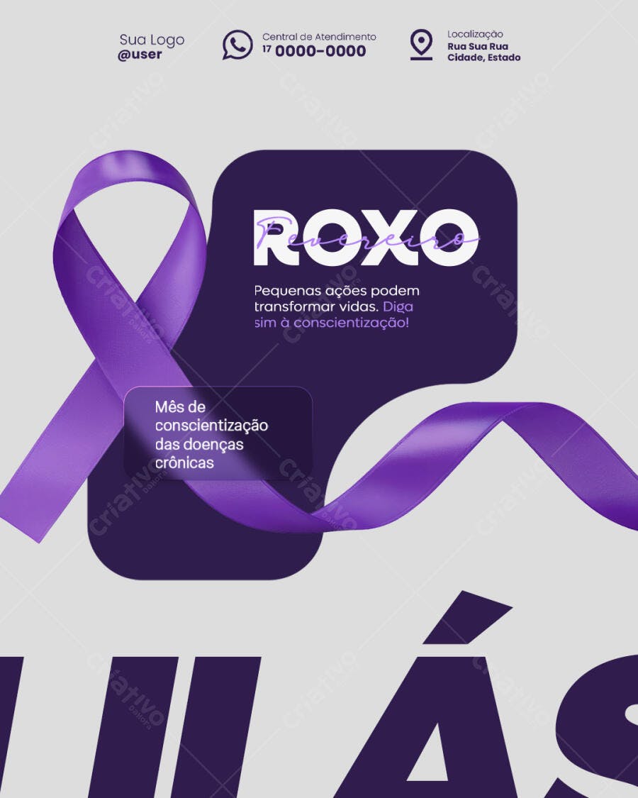 Post para Redes Sociais Fevereiro Roxo Conscientização Doenças Crônicas PSD Editável