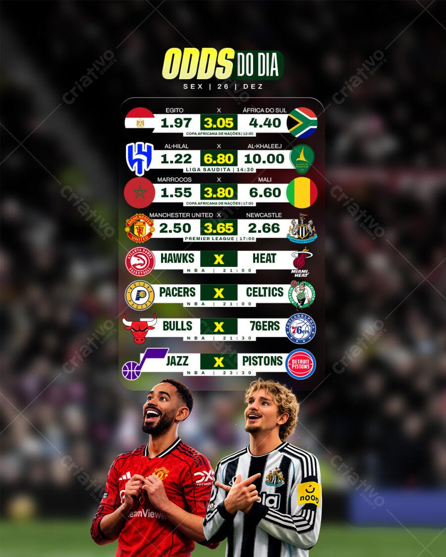 Post de Odds do Dia Futebol e NBA com Jogadores PSD Editável