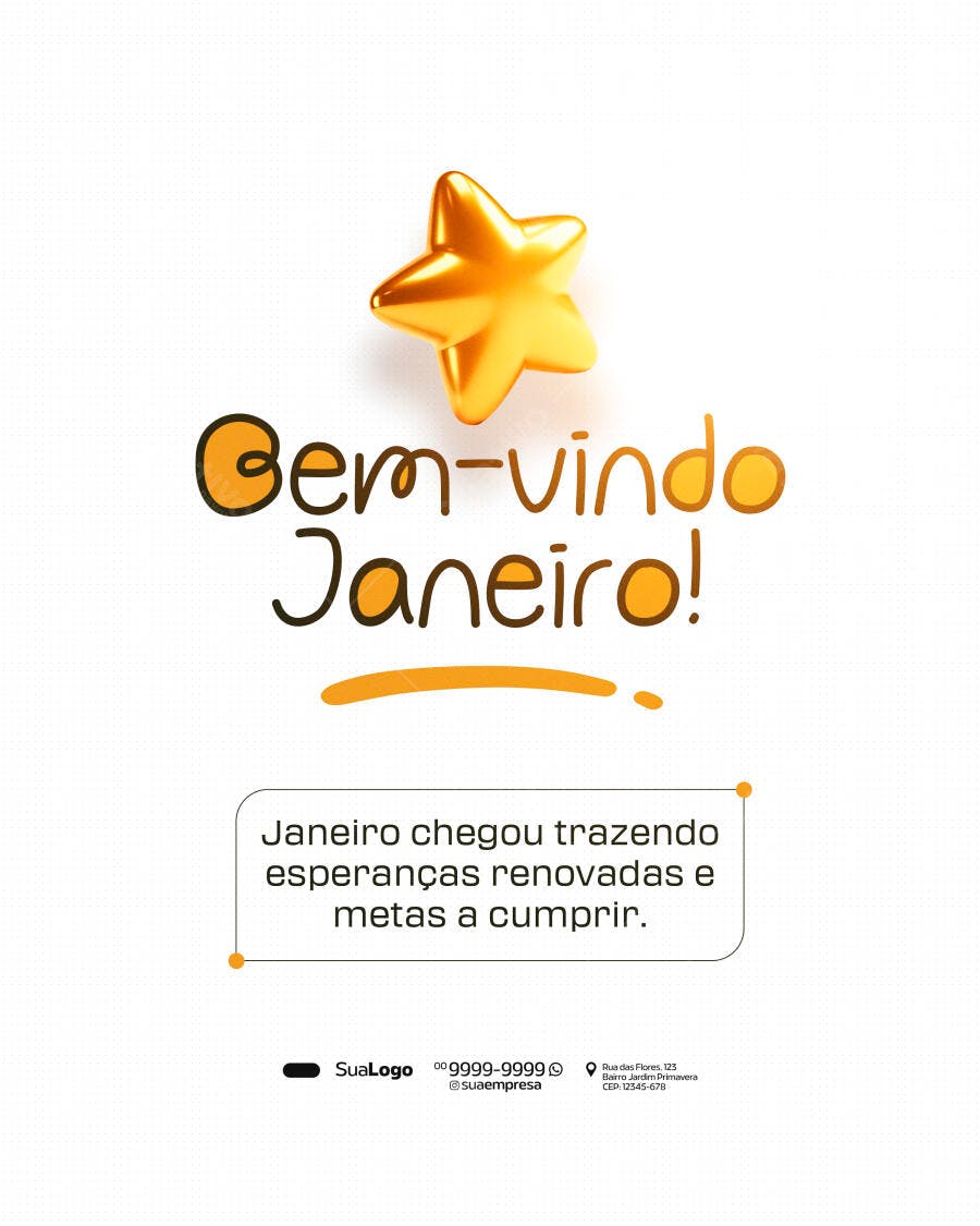 Post Redes Sociais Bem-vindo Janeiro Estrela Dourada PSD Editável