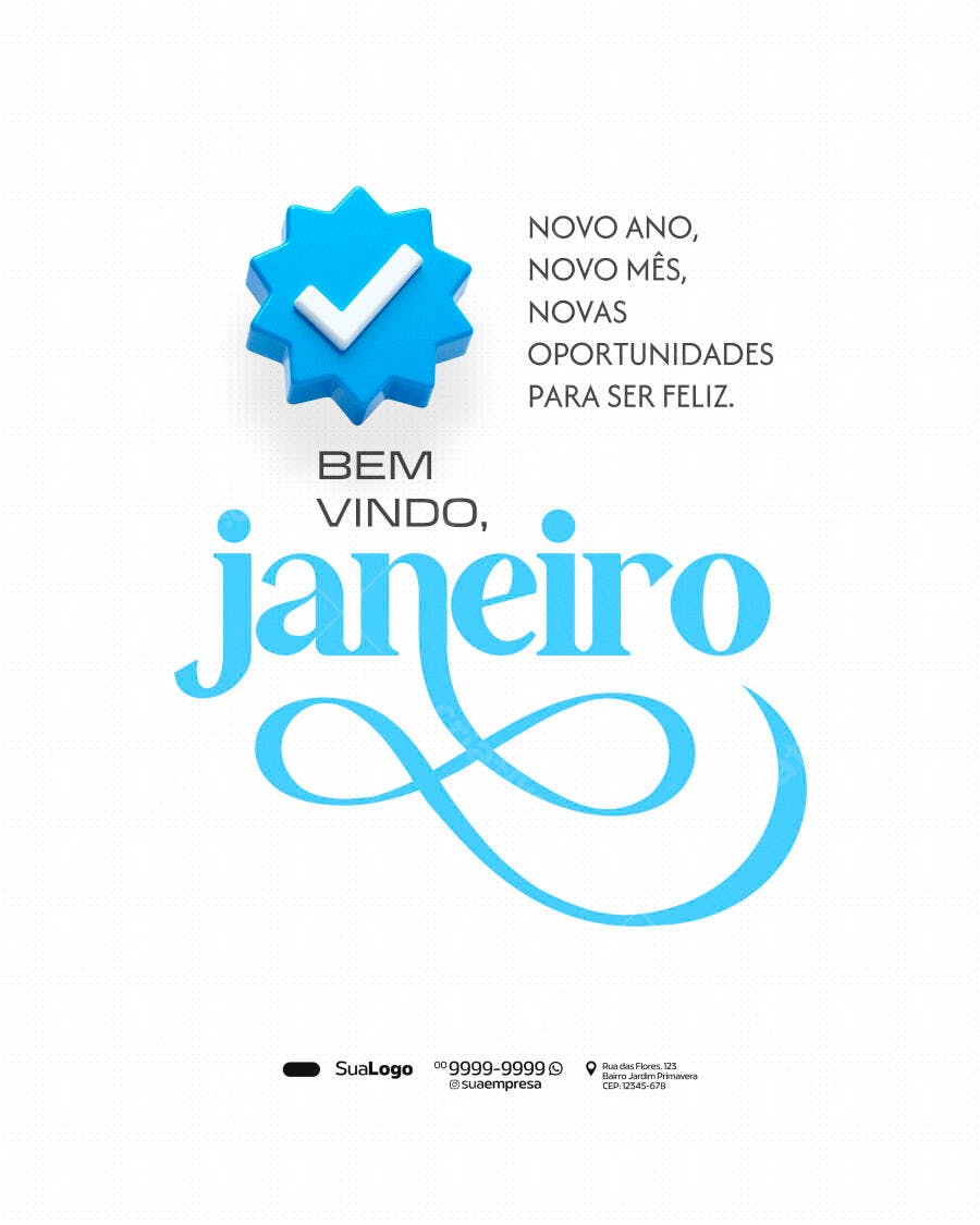 Post de Redes Sociais para Boas-Vindas a Janeiro com Ícone Verificado Azul 3D PSD Editável