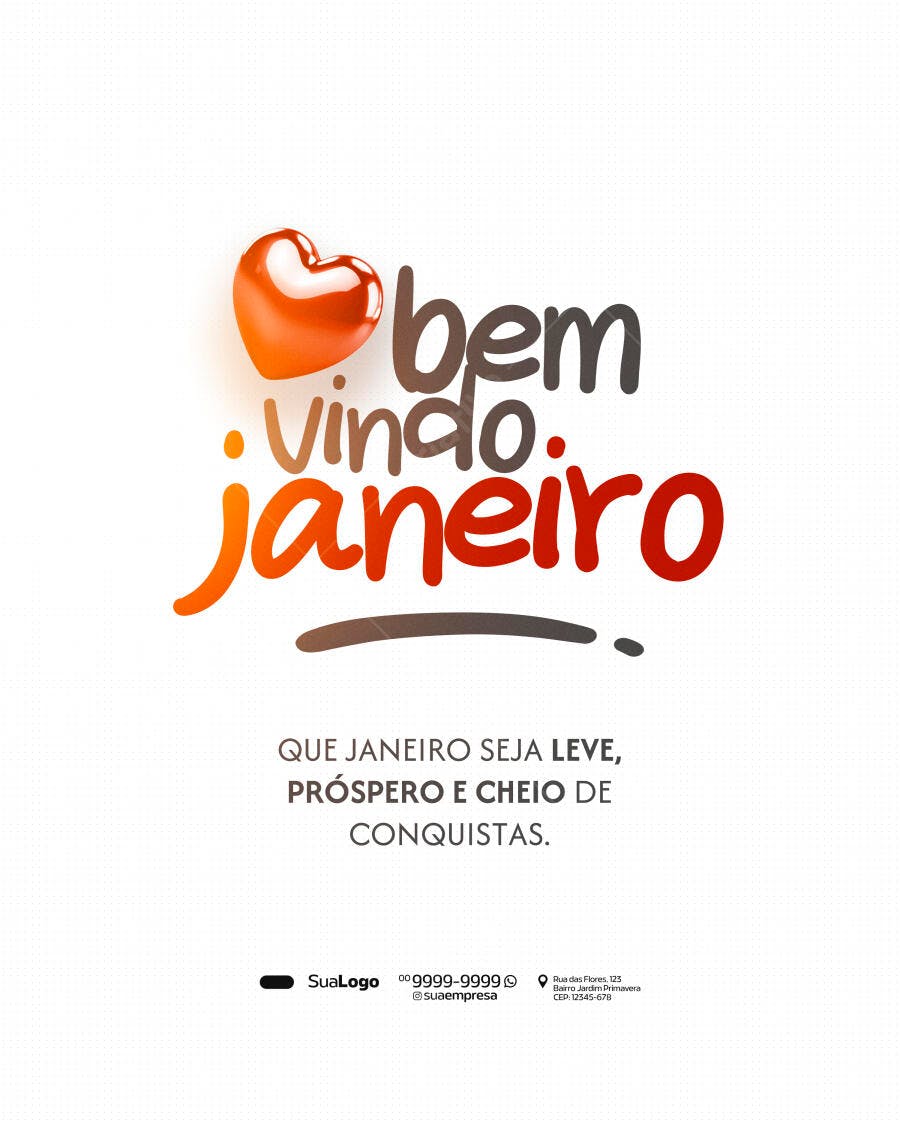 Post Redes Sociais Boas-vindas Janeiro Coração PSD Editável