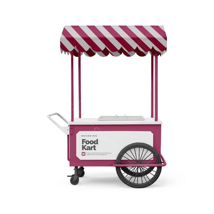 Mockup Realista de Carrinho de Comida Rosa e Branco com Toldo Listrado Vermelho