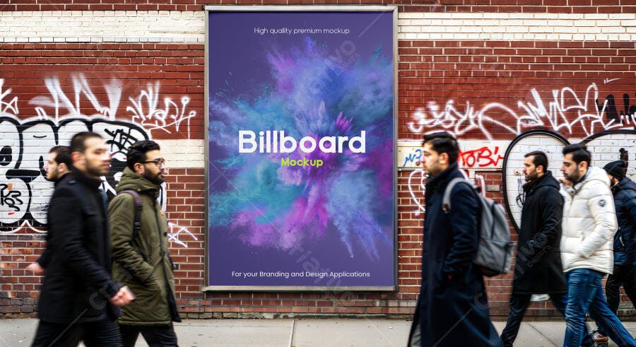 Mockup Realista de Outdoor Vertical em Rua Urbana com Parede de Tijolos e Pedestres