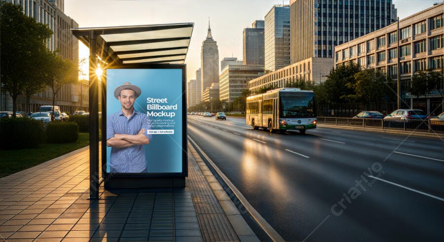 Mockup Realista Outdoor Ponto de Ônibus Urbano Pôr do Sol com Jovem Criativo no Anúncio