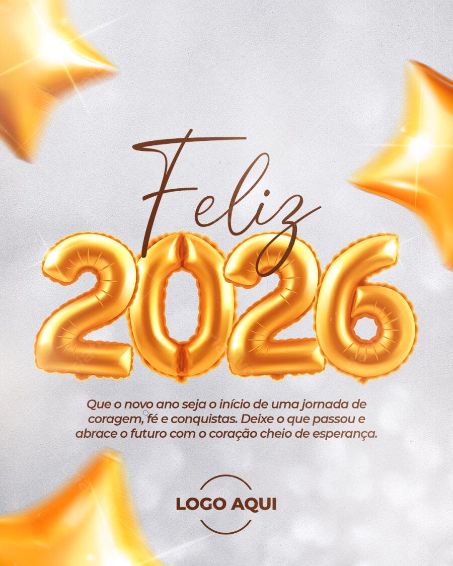 Flyer de Ano Novo Feliz 2026 com Balões Dourados PSD Editável