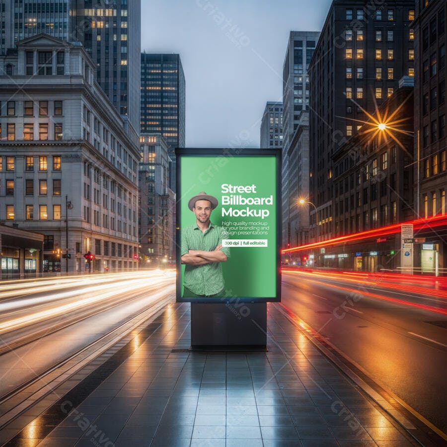 Mockup de Outdoor Urbano Noturno Realista com Luzes Borradas e Cenário de Cidade