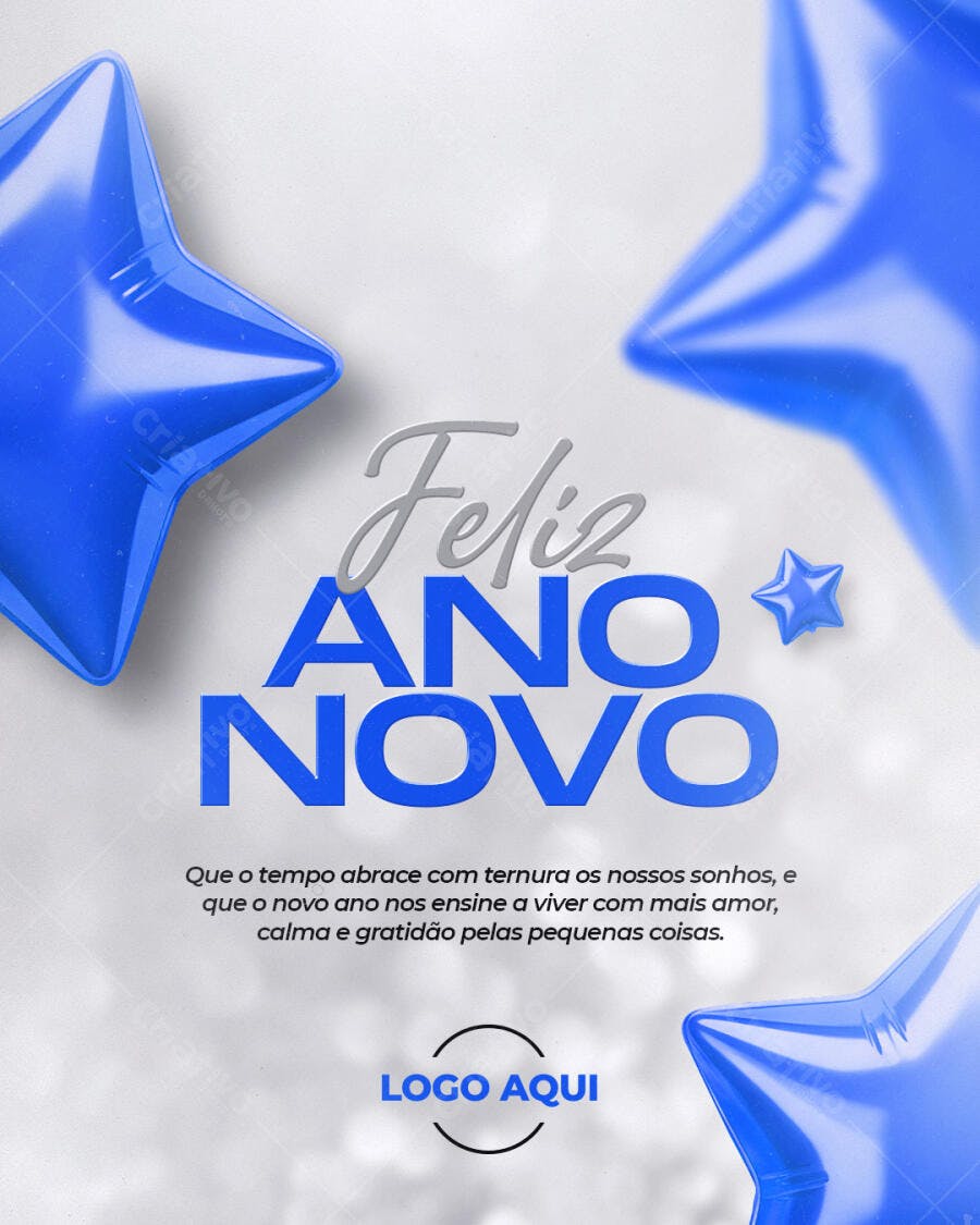 Flyer Feliz Ano Novo Balões Estrelas Azuis PSD Editável