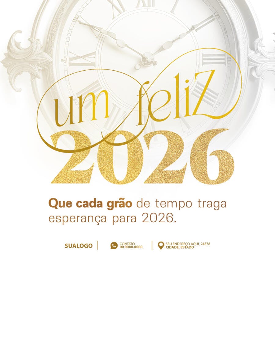 Cartão de Feliz Ano Novo Dourado 2026 PSD Editável