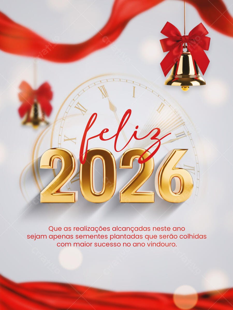 Post Redes Sociais Feliz Ano Novo 2026 com Sino Dourado PSD Editável