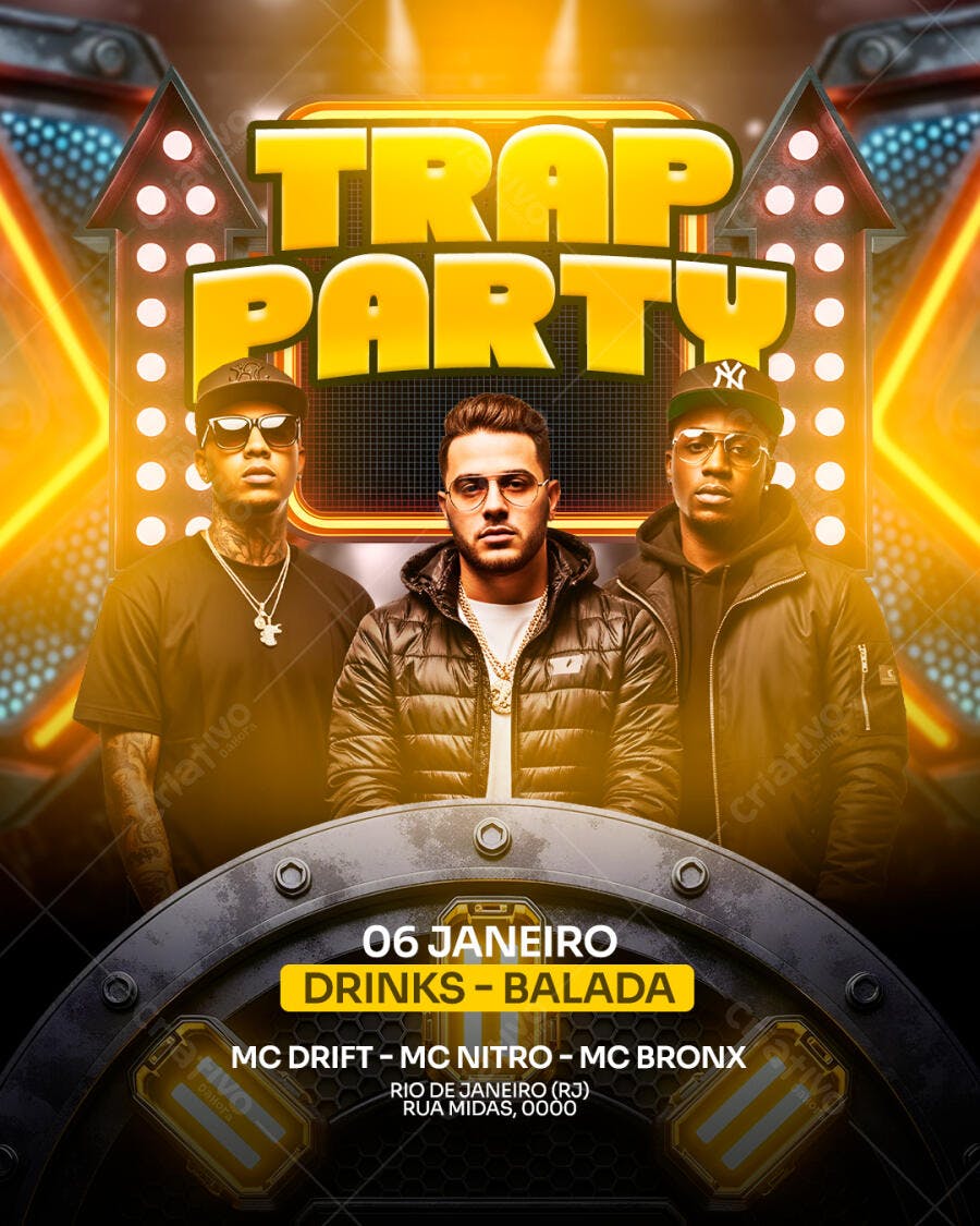 Flyer Trap Party com MCs Drift Nitro Bronx PSD Editável
