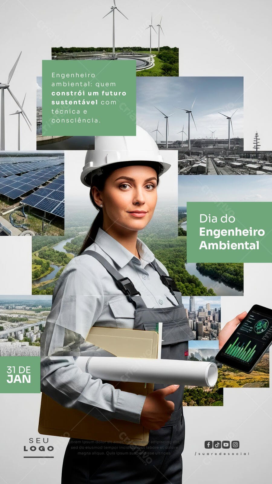 Flyer Dia do Engenheiro Ambiental Mulher Profissional Sustentabilidade PSD Editável