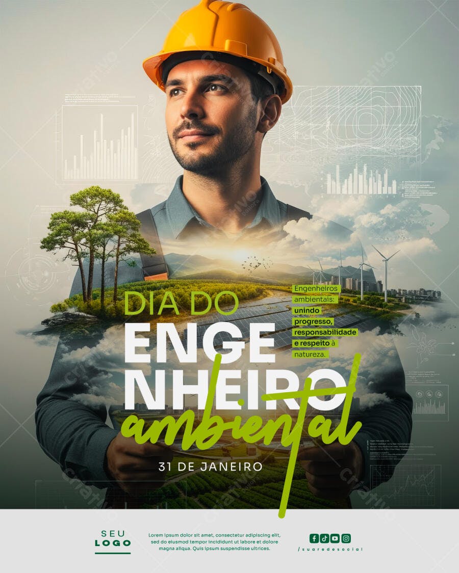 Flyer para Dia do Engenheiro Ambiental com Profissional e Natureza PSD Editável