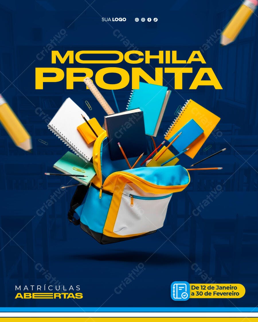 Post Instagram Volta às Aulas Mochila Pronta PSD Editável