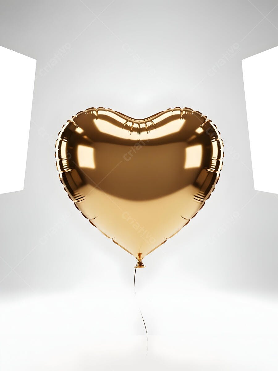 Balão de coração dourado flutuando em fundo branco simples