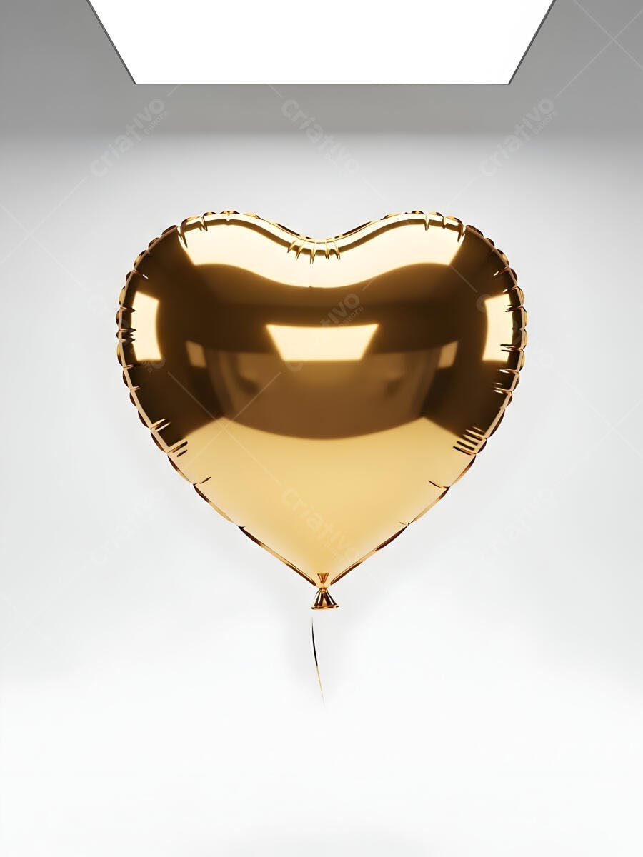 Balão de coração dourado brilhante em estúdio minimalista branco