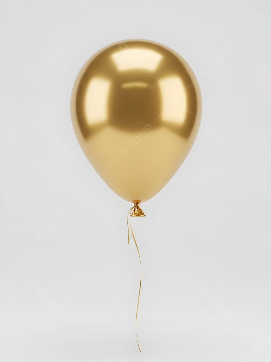Balão dourado metálico brilhante com fita em fundo branco isolado