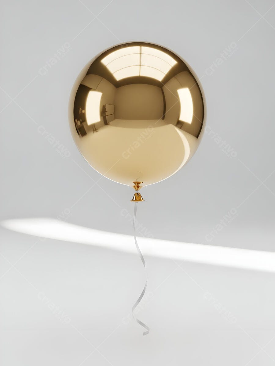 Balão dourado metálico brilhante com fita branca em fundo minimalista