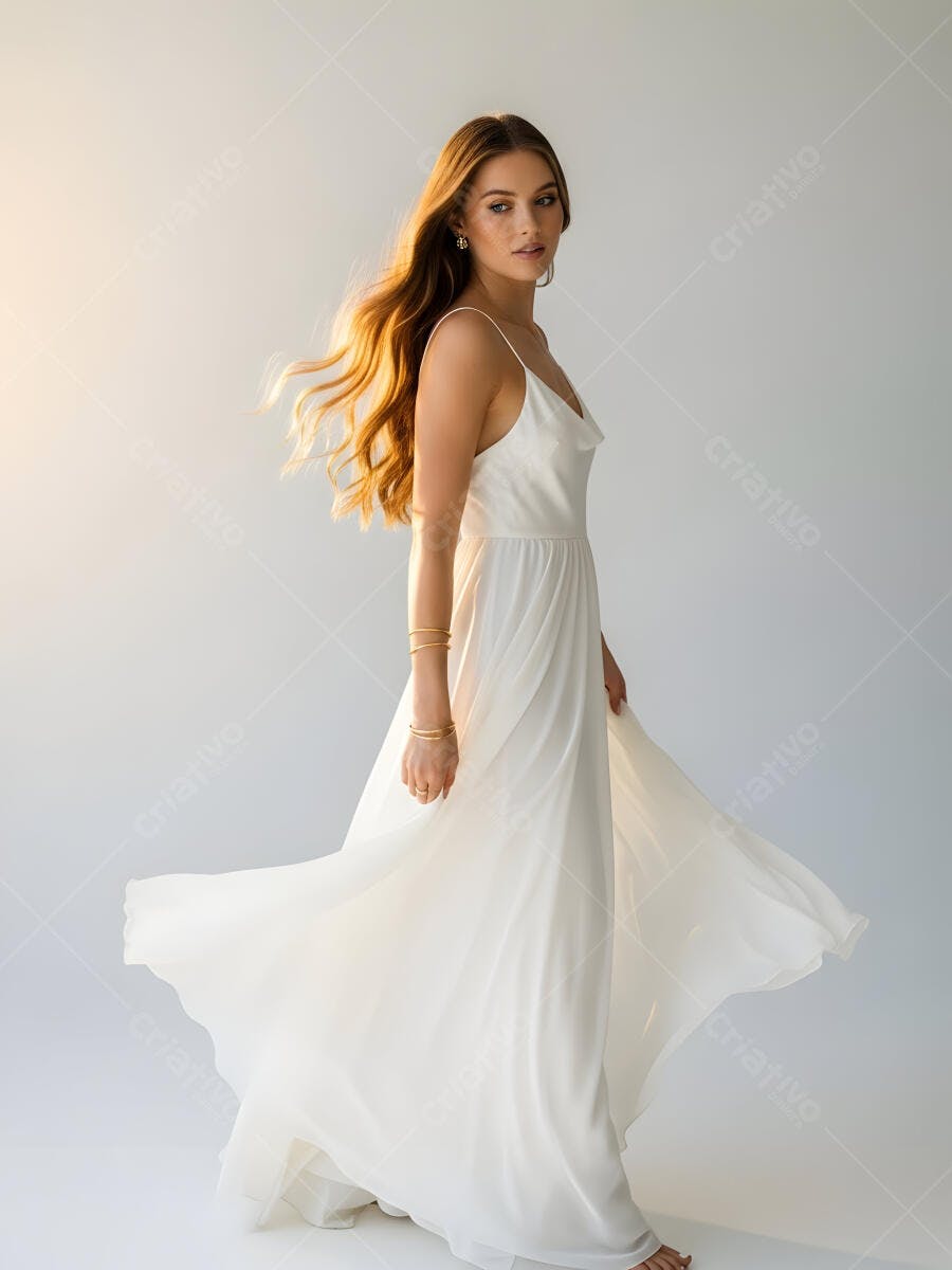 Mulher jovem modelo em vestido branco esvoaçante posando em estúdio claro