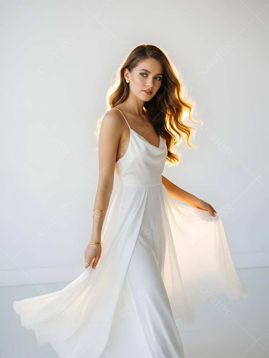 Noiva jovem em vestido de seda branco esvoaçante posando em estúdio minimalista