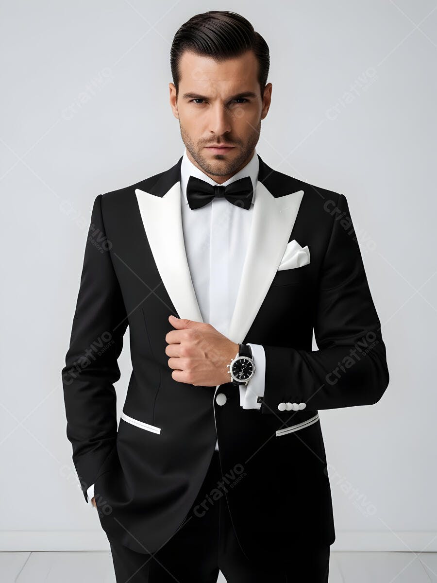 Homem caucasiano de terno preto elegante com gravata borboleta e relógio de pulso