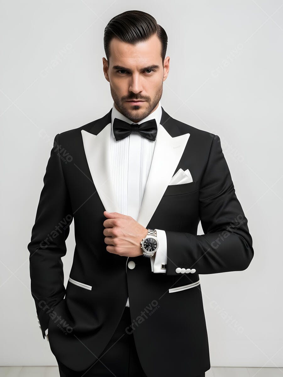 Homem elegante de terno preto e gravata borboleta com olhar confiante em estúdio